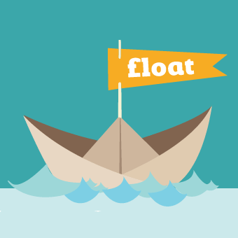 Logo for Float. Image shows an illustration of a folded, brown paper boat floating on blue waves. The boat is flying an orange flag that reads, "£loat," in white lettering.