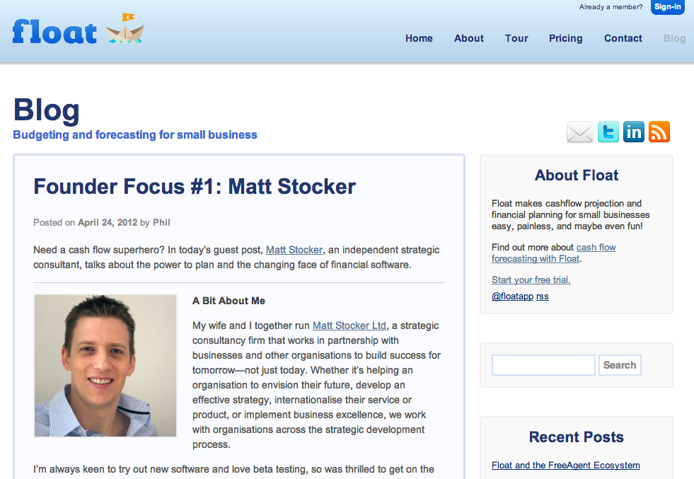 Screen shot of the Float blog showing the article, 'Founder Focus #1: Matt Stocker'