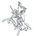Conqueror Illustration Illustration of a knight on a rearing horse. The knight is carrying a shield, flag and joust.